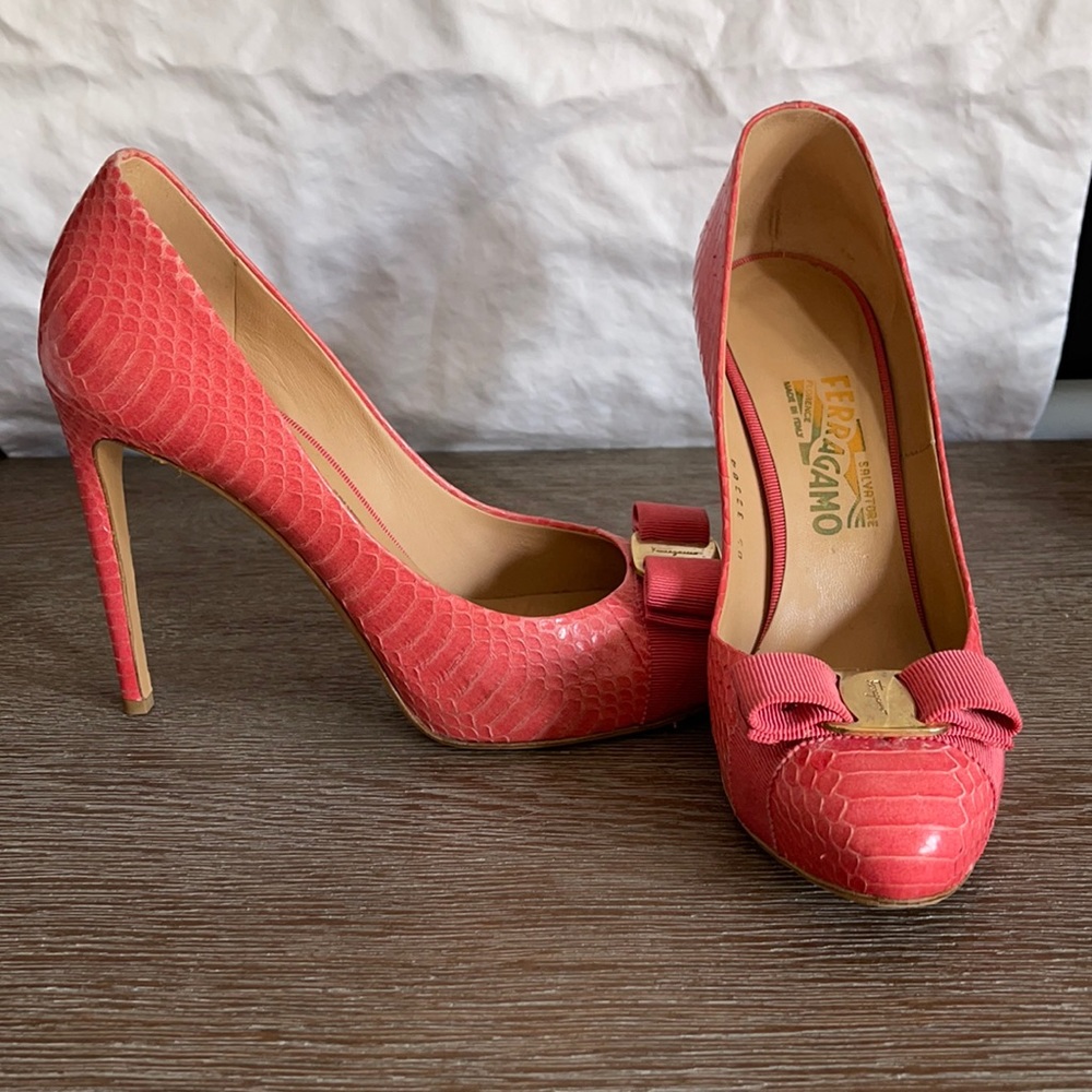 Pink python Ferragamo platform pumps